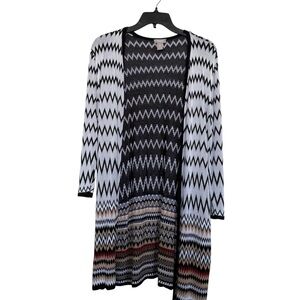 Chico’s Sz 2(L) Open Front Metallic Long Cardigan Zig Zag Print